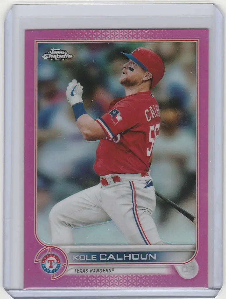 Baseball card of Kole Calhoun in red Texas Rangers uniform, Topps Chrome Pink collectible