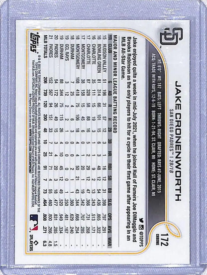 Baseball trading card back showing Jake Cronenworth stats from Topps Chrome Pink San Diego Padres