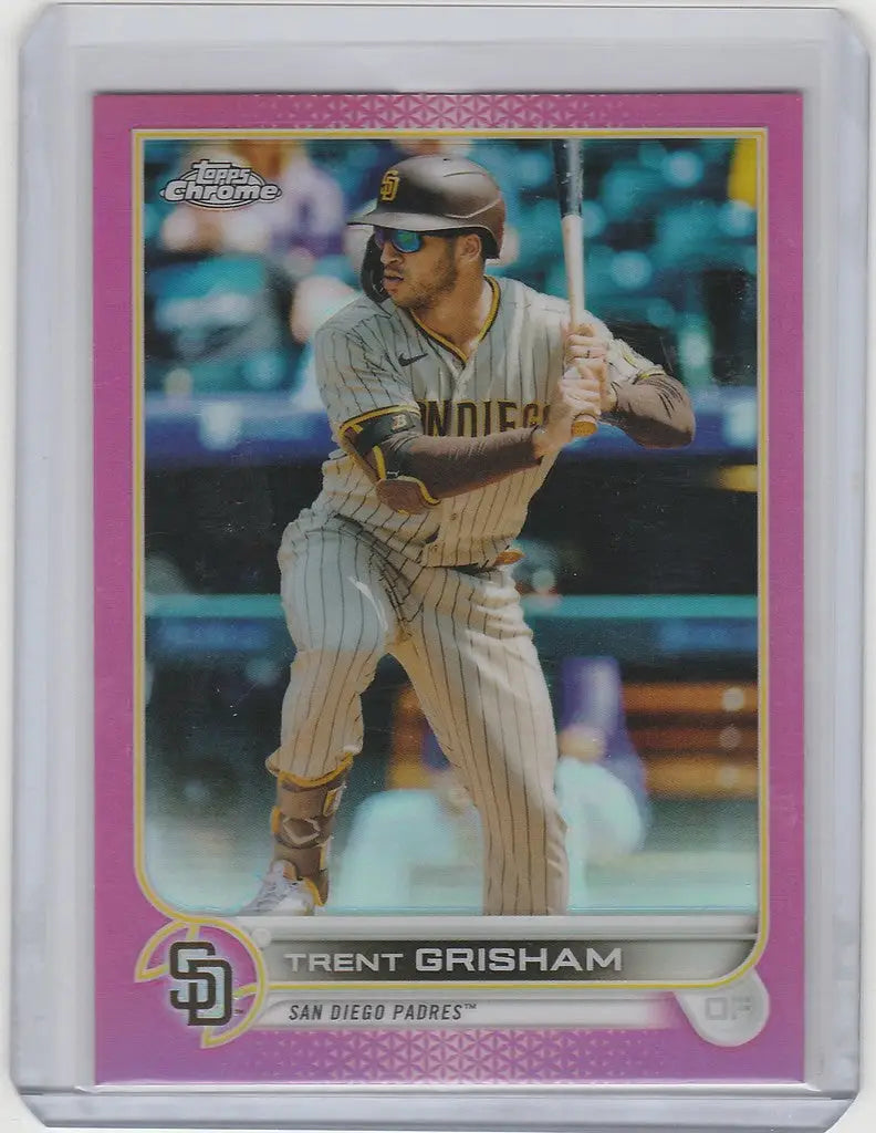 Baseball card of Trent Grisham in batting stance from Topps Chrome Pink, San Diego Padres