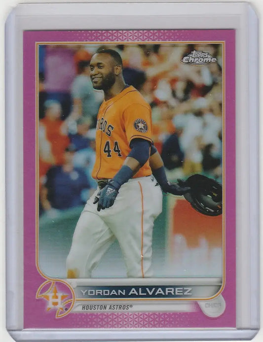 Baseball card of Yordan Alvarez in orange jersey for Topps Chrome Pink, Houston Astros