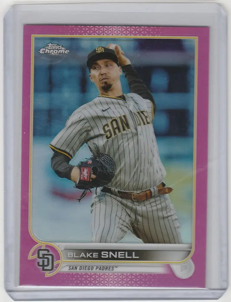 Blake Snell San Diego Padres pitcher mid-throw on 2022 Topps Chrome Pink baseball card