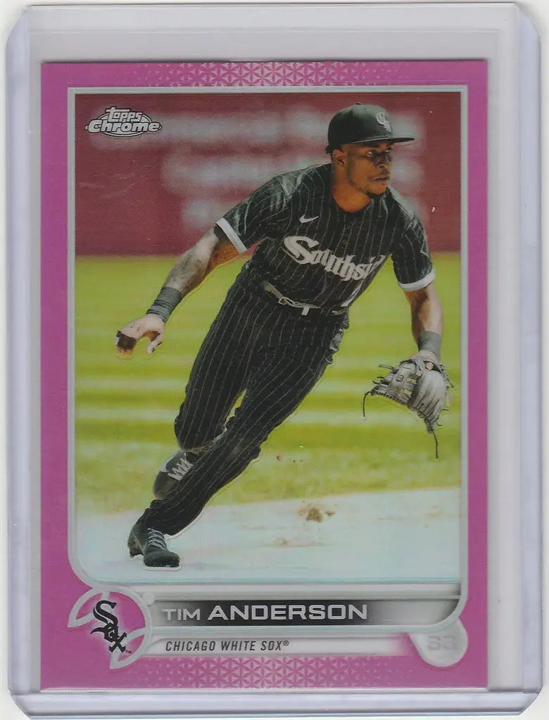 Topps Chrome Pink card of Tim Anderson in a fielding pose for Chicago White Sox