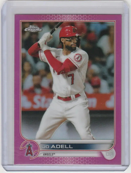 Baseball card of Jo Adell in batting stance from Topps Chrome Pink Los Angeles Angels