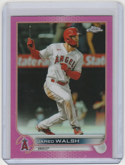 Baseball card of Jared Walsh mid-swing from 2022 Topps Chrome Pink Los Angeles Angels