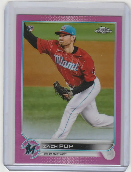 Baseball card of Zach Pop throwing for Miami Marlins in Topps Chrome Pink design