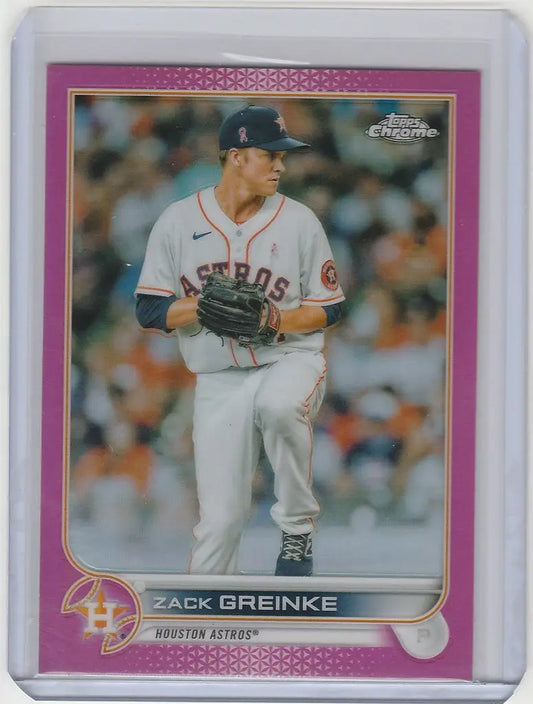 Baseball card of Zack Greinke in windup stance from 2022 Topps Chrome Pink set