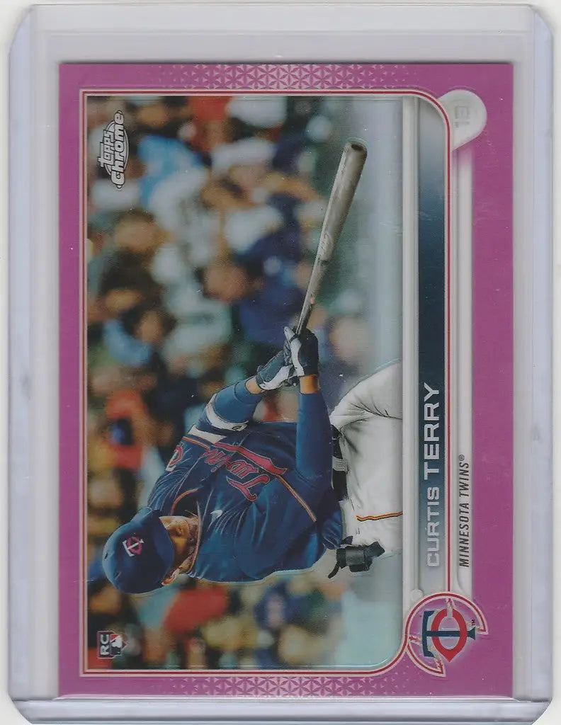 2022 Topps Chrome Pink #68 Curtis Terry swinging bat in blue uniform Minnesota Twins RC