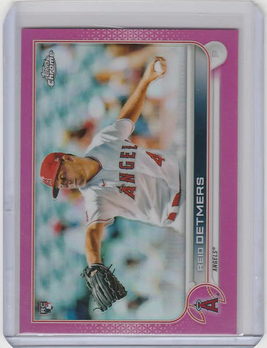 Baseball card of Los Angeles Angels pitcher Reid Detmers in mid-throw, Topps Chrome Pink