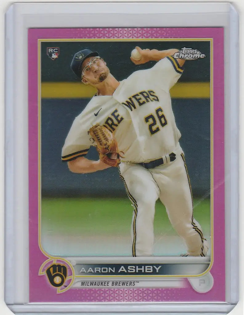 Baseball card of Aaron Ashby pitching for Milwaukee Brewers in Topps Chrome Pink