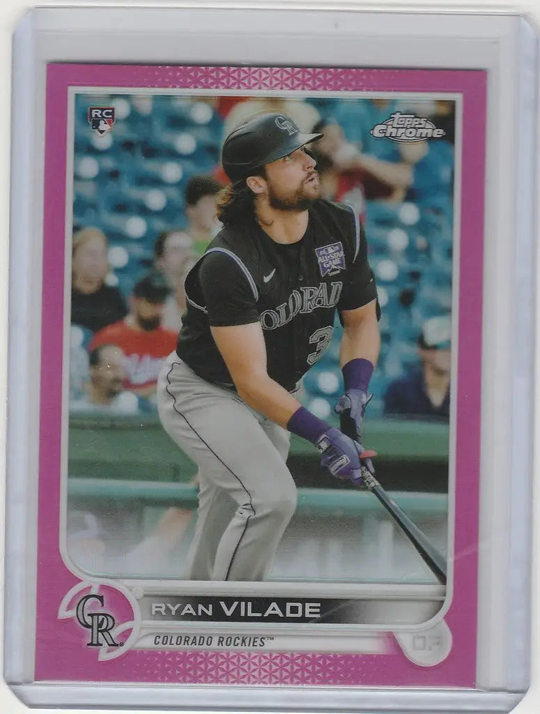 Baseball card of Ryan Vilade in a batting stance, featuring Topps Chrome Pink design