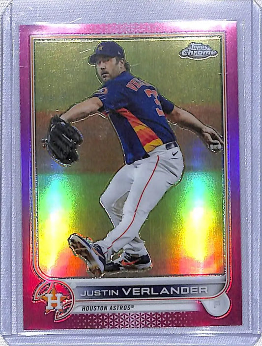 Holographic Topps Chrome Pink card of Justin Verlander in Astros pitching move