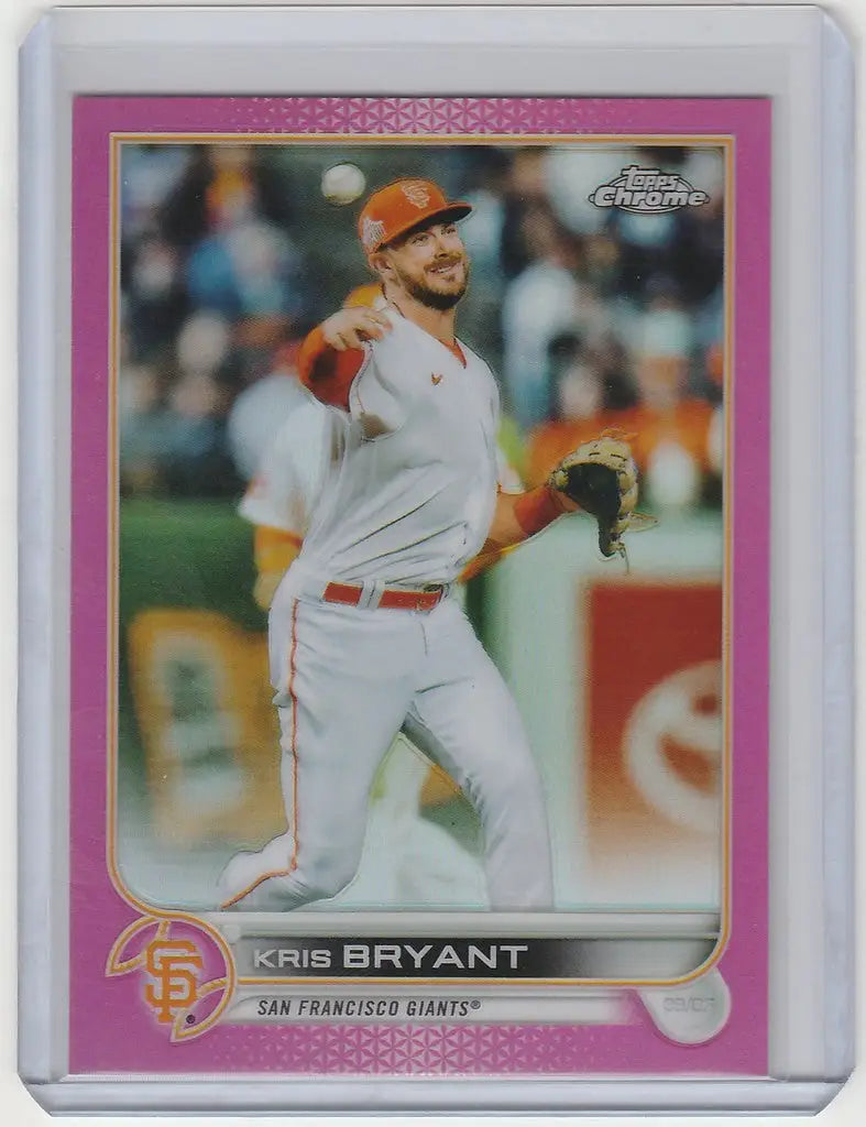 Baseball card of Kris Bryant in white uniform for San Francisco Giants Topps Chrome Pink