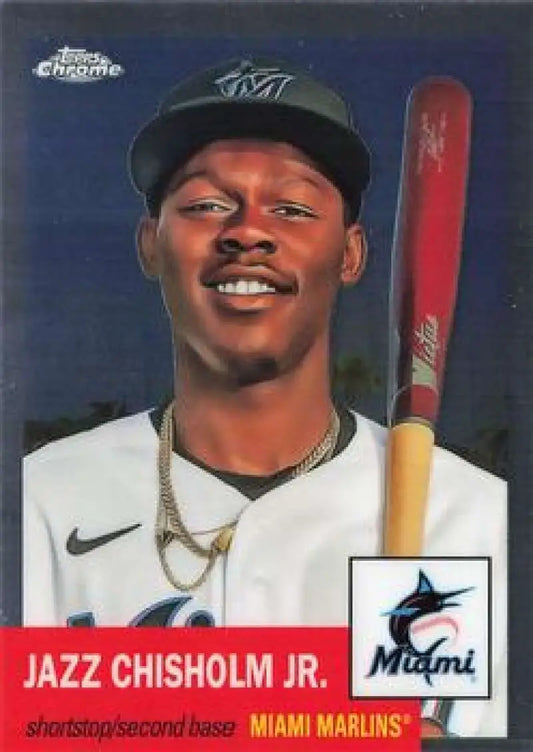 Baseball card of Jazz Chisholm Jr. in Miami Marlins jersey and cap