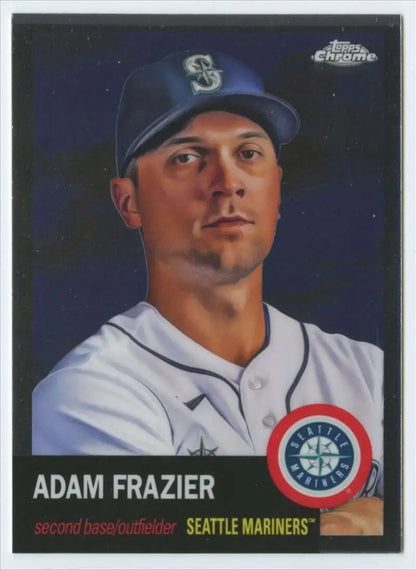 Baseball card of Adam Frazier in Seattle Mariners uniform from Topps Chrome Platinum