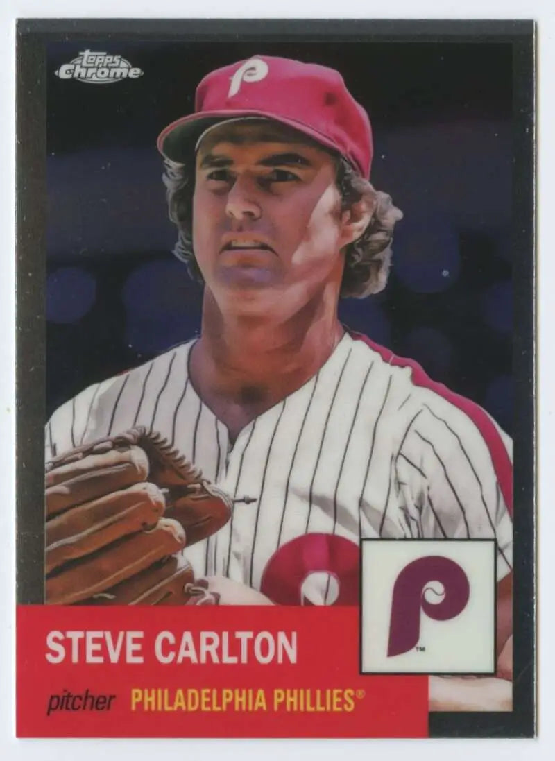 Vintage baseball card of Steve Carlton in pinstriped uniform, Topps Chrome Platinum