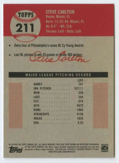 Steve Carlton career statistics on 2022 Topps Chrome Platinum Anniversary baseball card