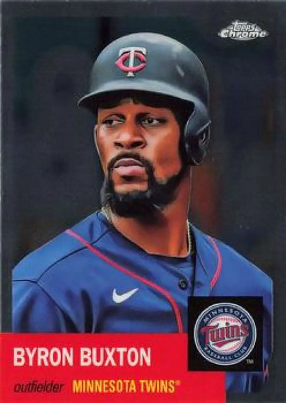 Byron Buxton in navy uniform on 2022 Topps Chrome Platinum Anniversary baseball card