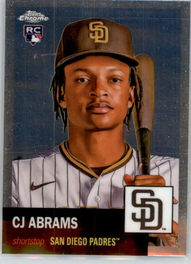 San Diego Padres player CJ Abrams in pinstriped home uniform on a baseball card