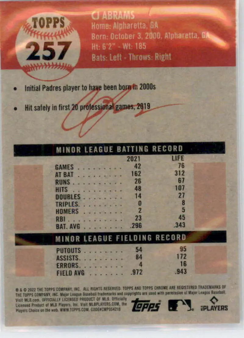 Back of 2022 Topps Chrome CJ Abrams rookie card with San Diego Padres stats and info