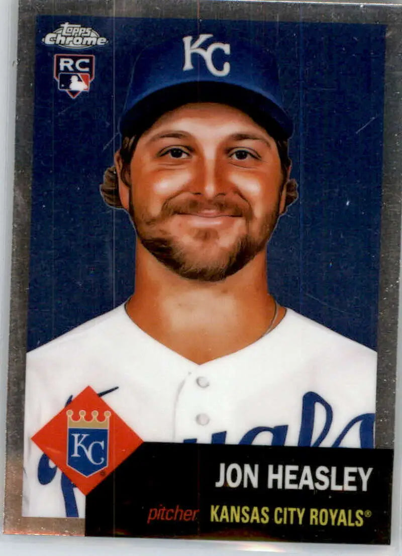 Kansas City Royals baseball card of Jon Heasley in blue cap and white uniform