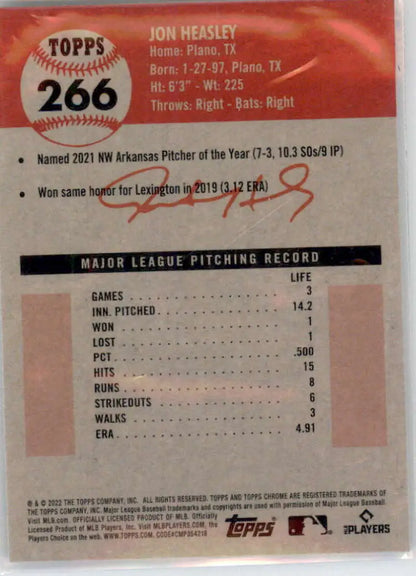 Baseball card featuring Jon Heasley MLB stats for Kansas City Royals rookie season