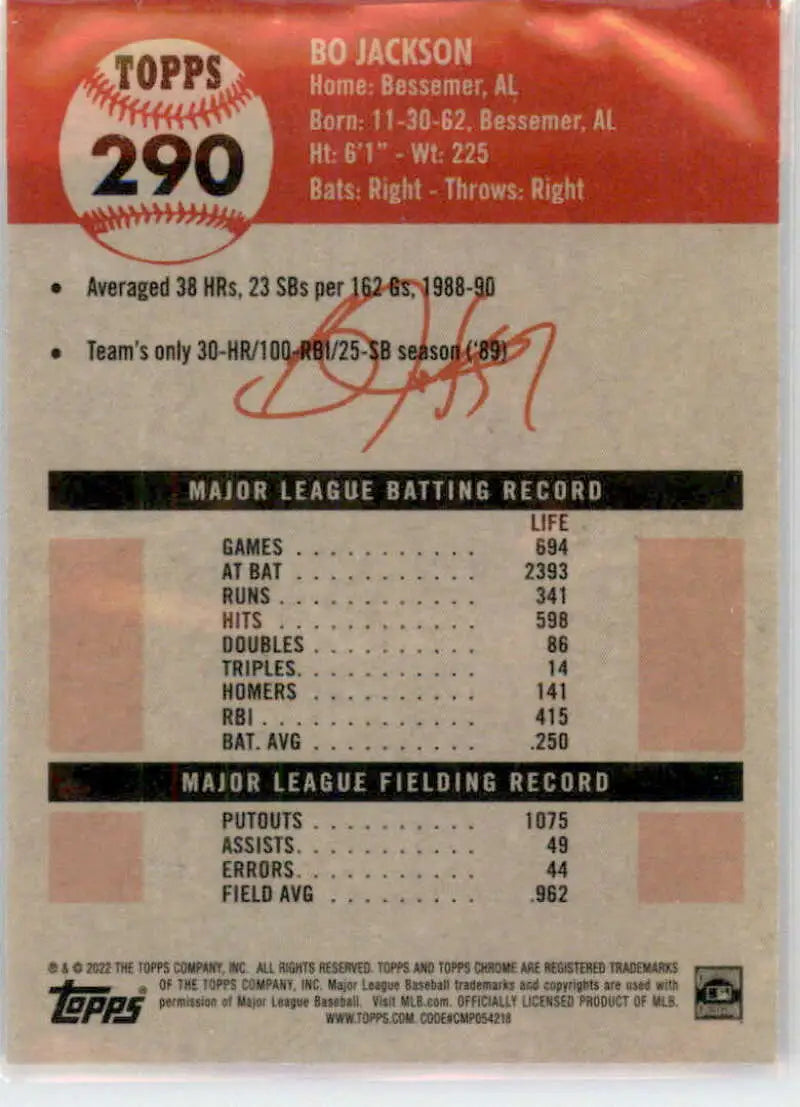 Back of Topps Chrome Platinum Anniversary #290 Bo Jackson card showing player stats