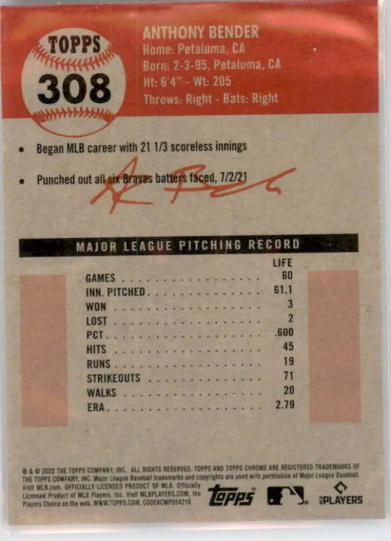 Back of 2022 Topps Chrome Platinum Anniversary Anthony Bender Baseball Card showcasing stats