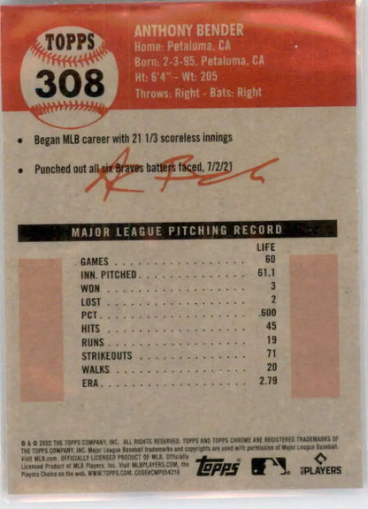 Back of 2022 Topps Chrome Platinum Anniversary Anthony Bender Baseball Card showcasing stats