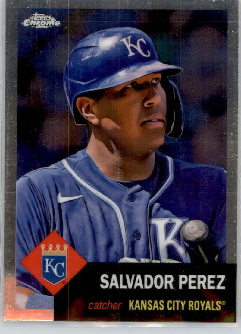 Baseball card of Salvador Perez in Kansas City Royals blue jersey and cap