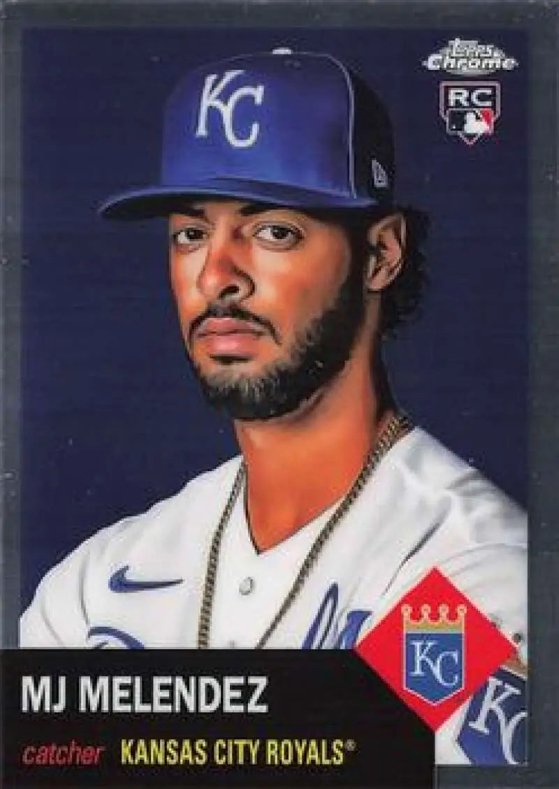 Baseball card featuring MJ Melendez in Kansas City Royals gear from Topps Chrome Platinum Anniversary