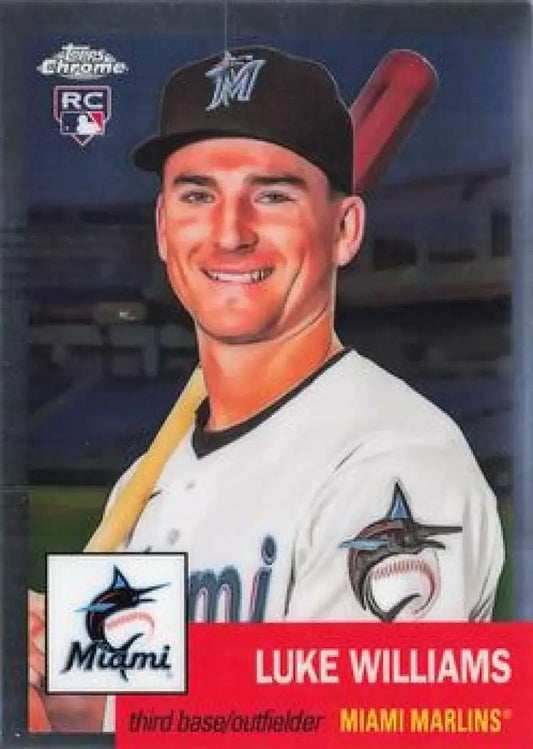 Luke Williams holding a bat on Miami Marlins 2022 Topps Chrome Platinum Anniversary card