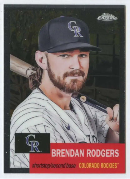 Baseball card of Brendan Rodgers in pinstriped uniform from 2022 Topps Chrome Platinum Anniversary