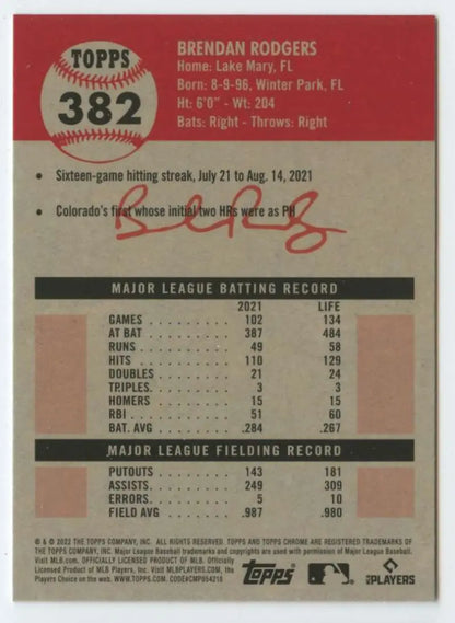 Brendan Rodgers MLB stats showcased on 2022 Topps Chrome Platinum Anniversary baseball card