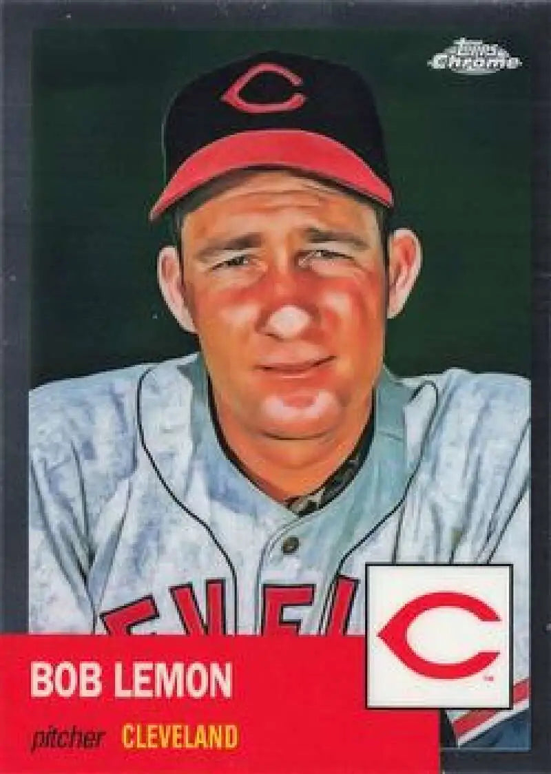 Baseball card of Bob Lemon in gray uniform with red and black cap from Platinum Anniversary