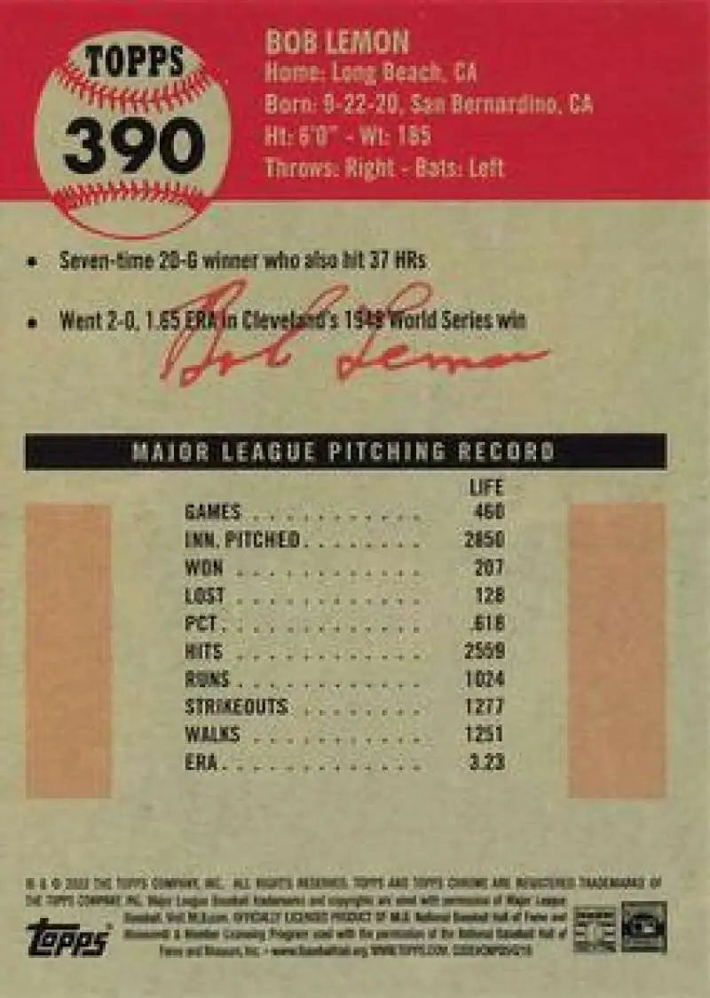 Back of vintage Topps baseball card #390 featuring Bob Lemon’s stats and biography