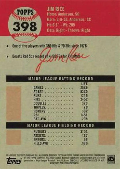 Vintage Topps baseball card #398 featuring Jim Rice and Boston Red Sox career statistics