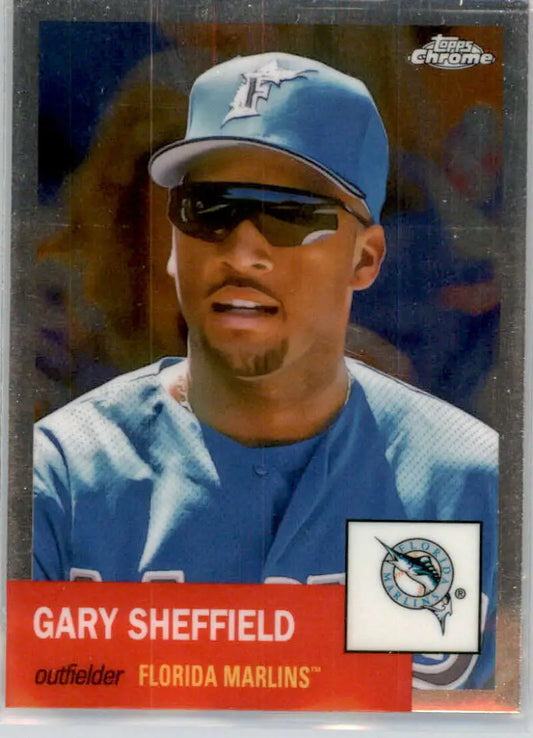 Gary Sheffield Florida Marlins outfielder baseball card in light blue cap and sunglasses