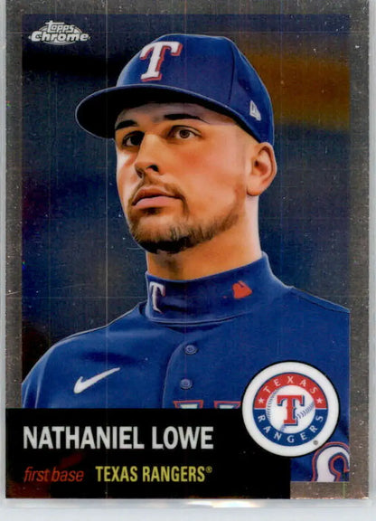 Texas Rangers Nathaniel Lowe 2022 Topps Chrome Baseball Card in blue uniform