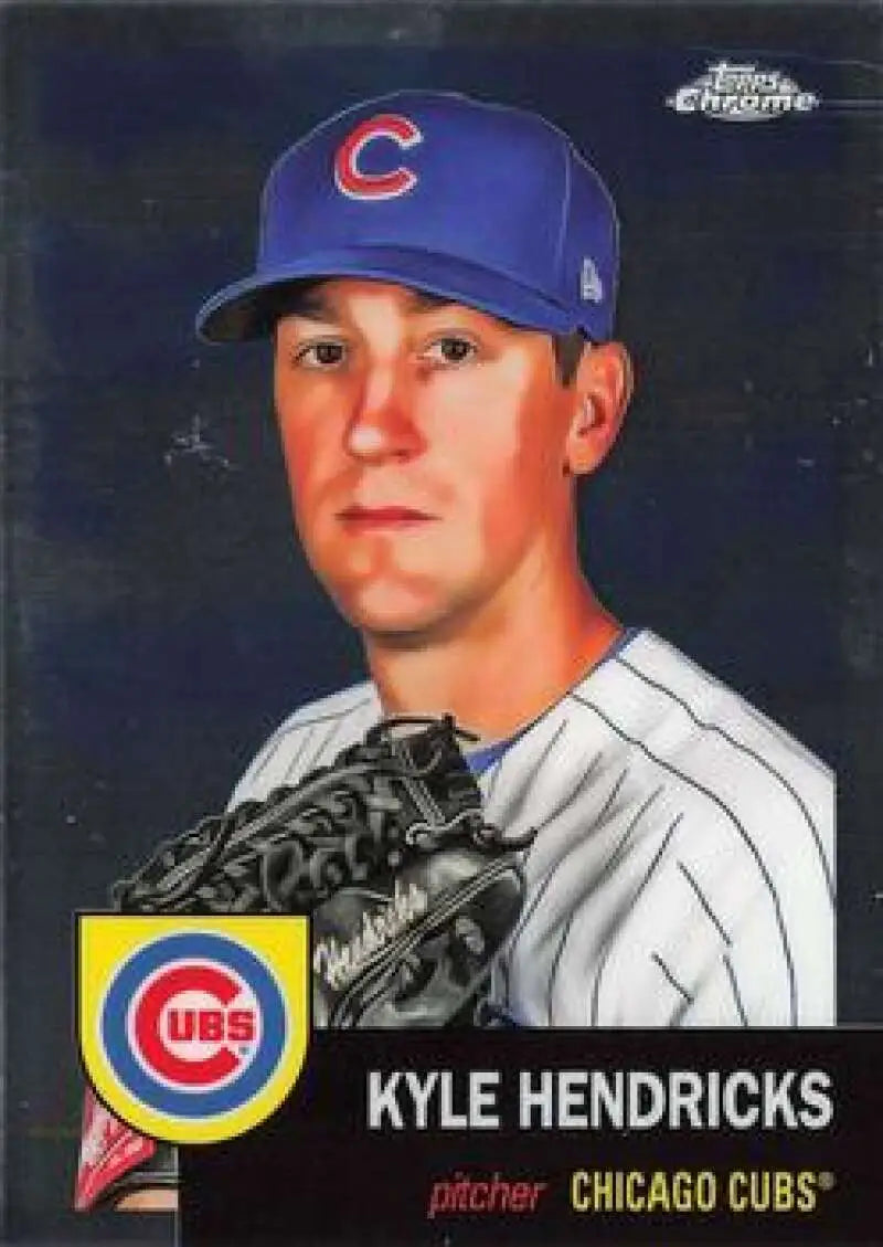 Baseball card of Kyle Hendricks in Cubs uniform from Topps Chrome Platinum