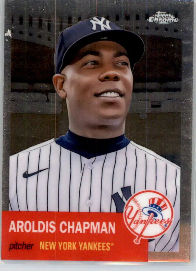 Baseball card of Aroldis Chapman in pinstripes from Topps Chrome Platinum Anniversary