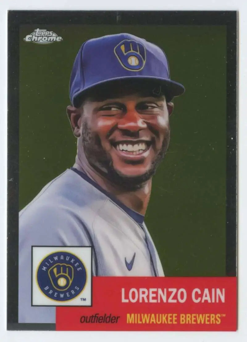 Baseball card of Lorenzo Cain, Milwaukee Brewers outfielder, Topps Chrome Platinum Anniversary