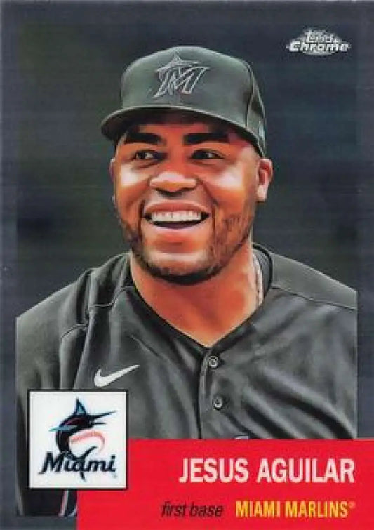 Baseball card of Jesus Aguilar in dark Miami Marlins uniform from Topps Chrome Platinum