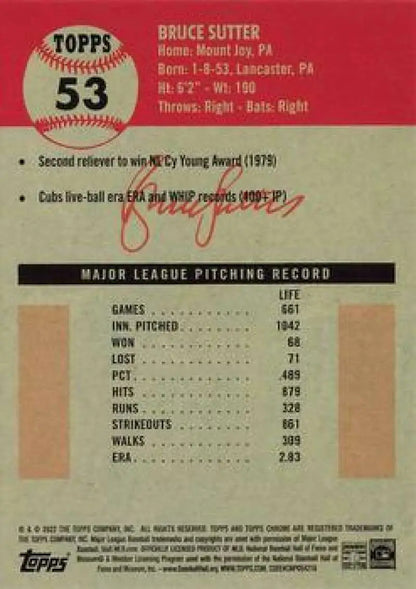 Baseball card featuring Bruce Sutter’s stats from 2022 Topps Chrome Platinum Anniversary