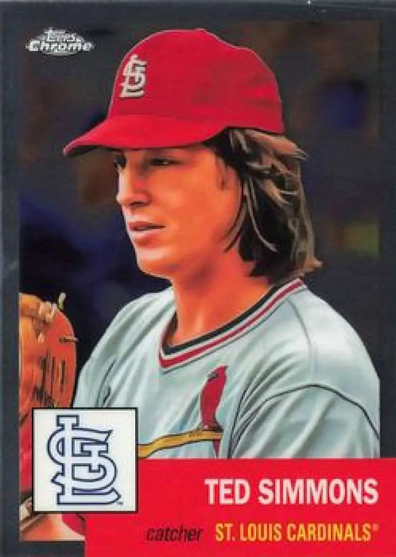 Chrome baseball card of Ted Simmons, St. Louis Cardinals catcher in red cap and gray jersey