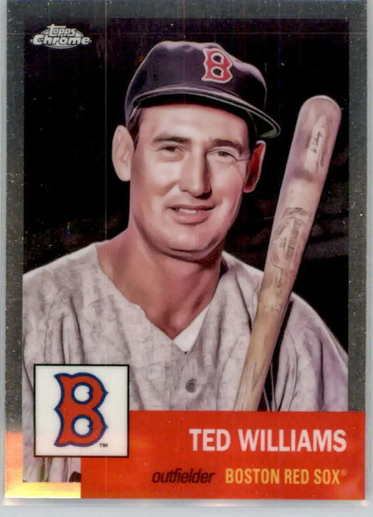 Vintage Ted Williams Boston Red Sox baseball card with bat and B cap displayed