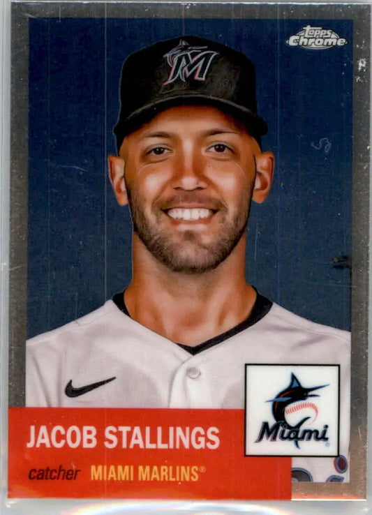 Jacob Stallings Miami Marlins catcher in 2022 Topps Chrome Platinum Anniversary card image