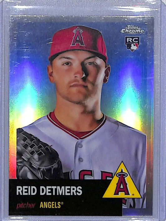 Chrome baseball card of Reid Detmers, Los Angeles Angels pitcher in gray jersey and red cap