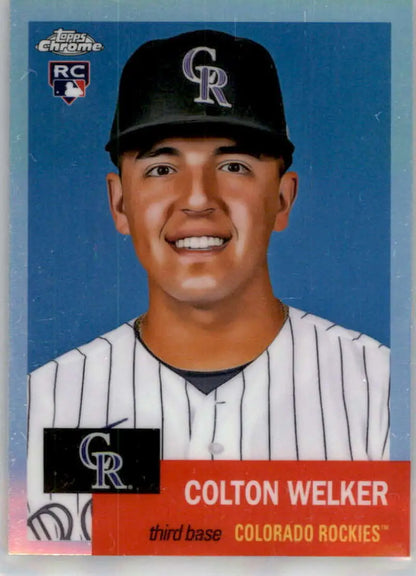 Colton Welker 2022 Topps Chrome Platinum baseball card in pinstriped uniform and black cap