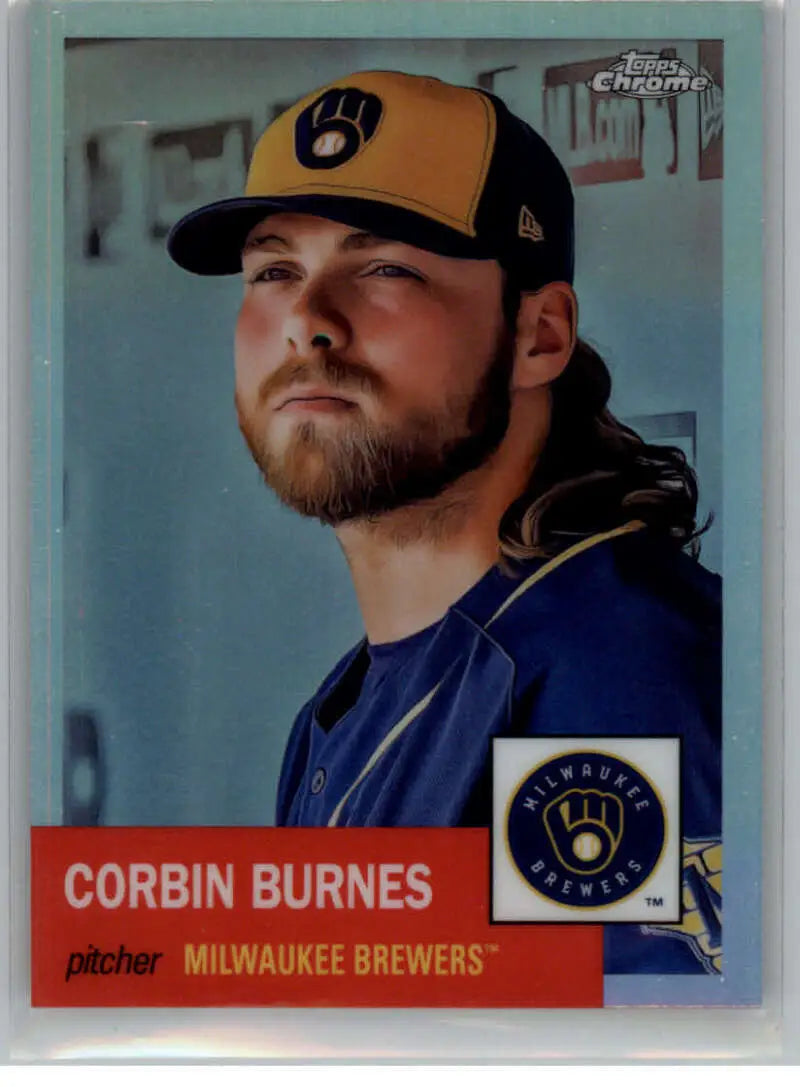 A baseball card of Corbin Burnes in a navy jersey, featuring a Platinum Anniversary Refractor