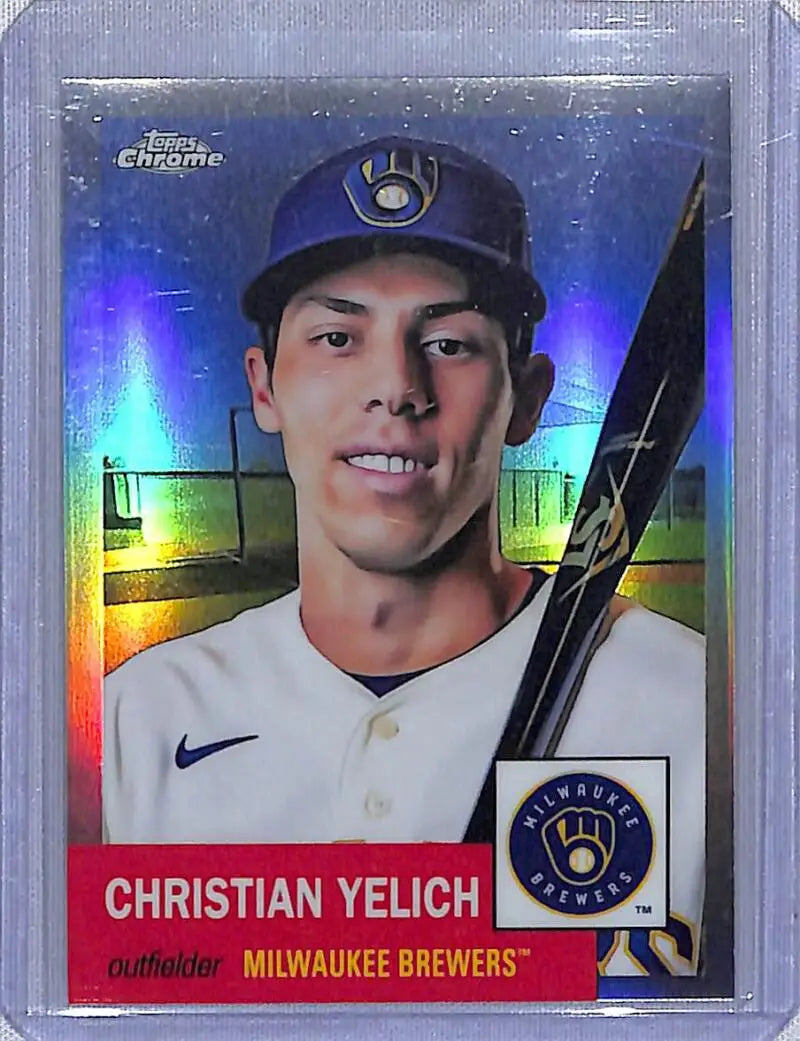 Chrome Refractor baseball card of Christian Yelich in Milwaukee Brewers uniform